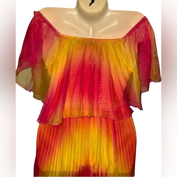 AKIRA Off-Shoulder Tie-Dye Flowy Maxi Dress in Pink & Yellow - Picture 5 of 6